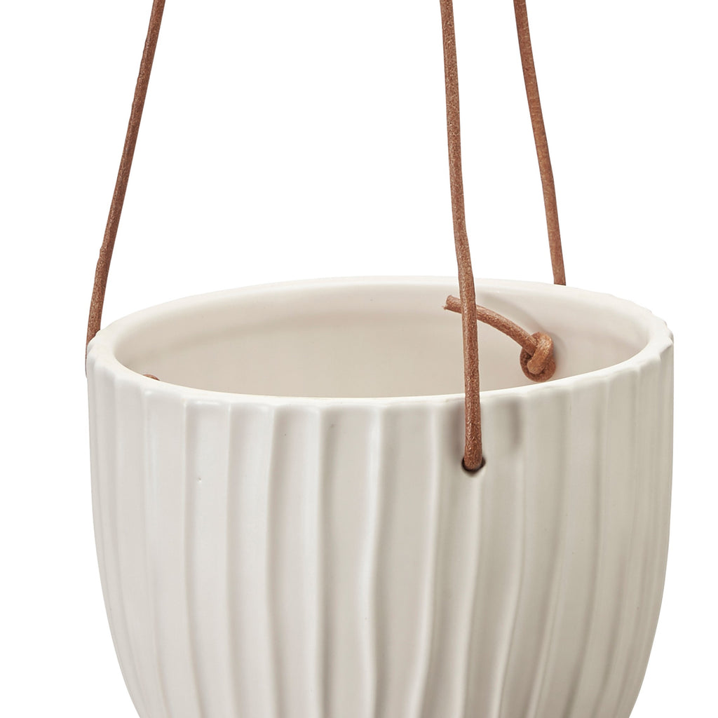 Hängender Übertopf aus Keramik mit Lederband