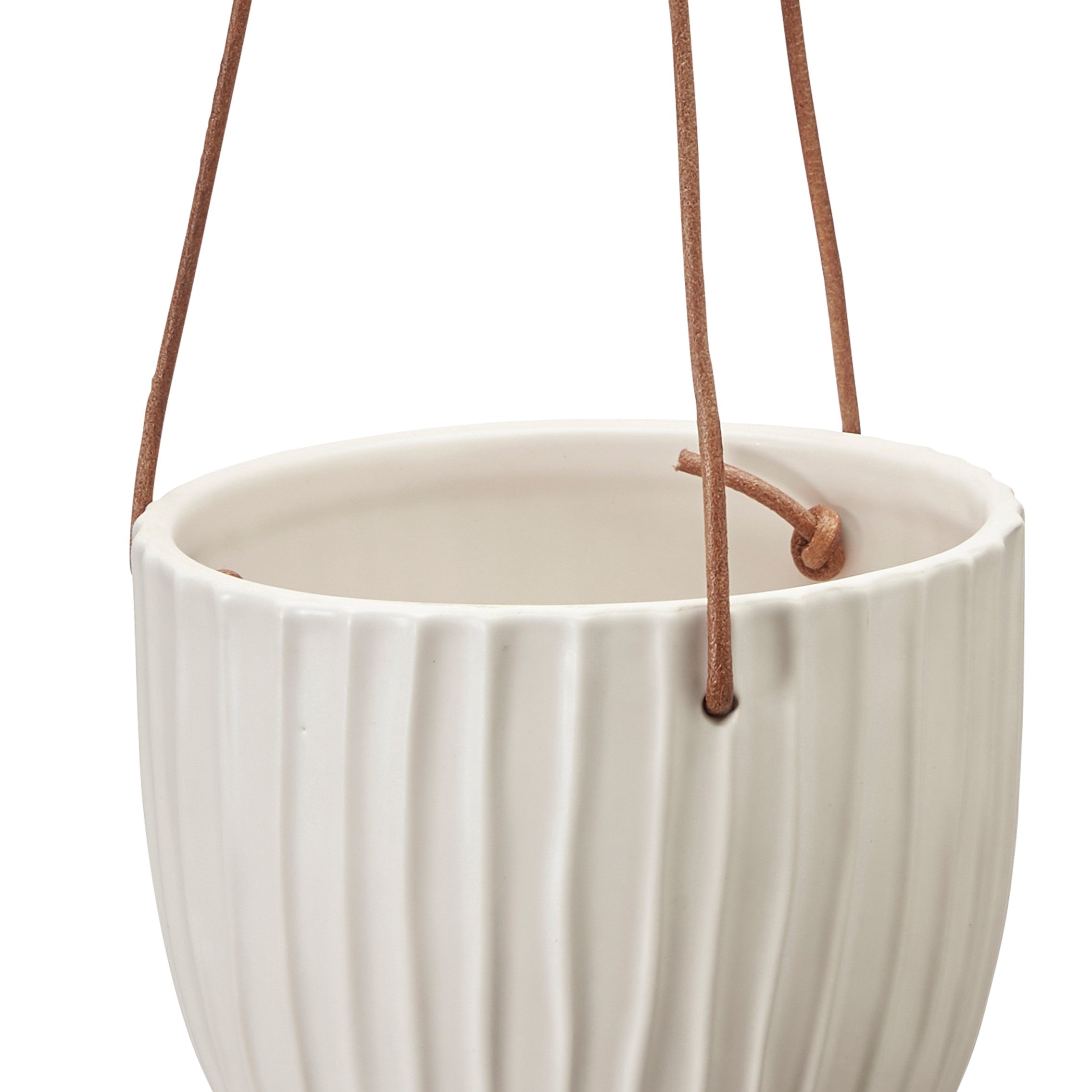 Hängender Übertopf aus Keramik mit Lederband