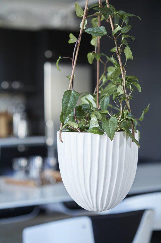 Hängender Übertopf aus Keramik mit Lederband