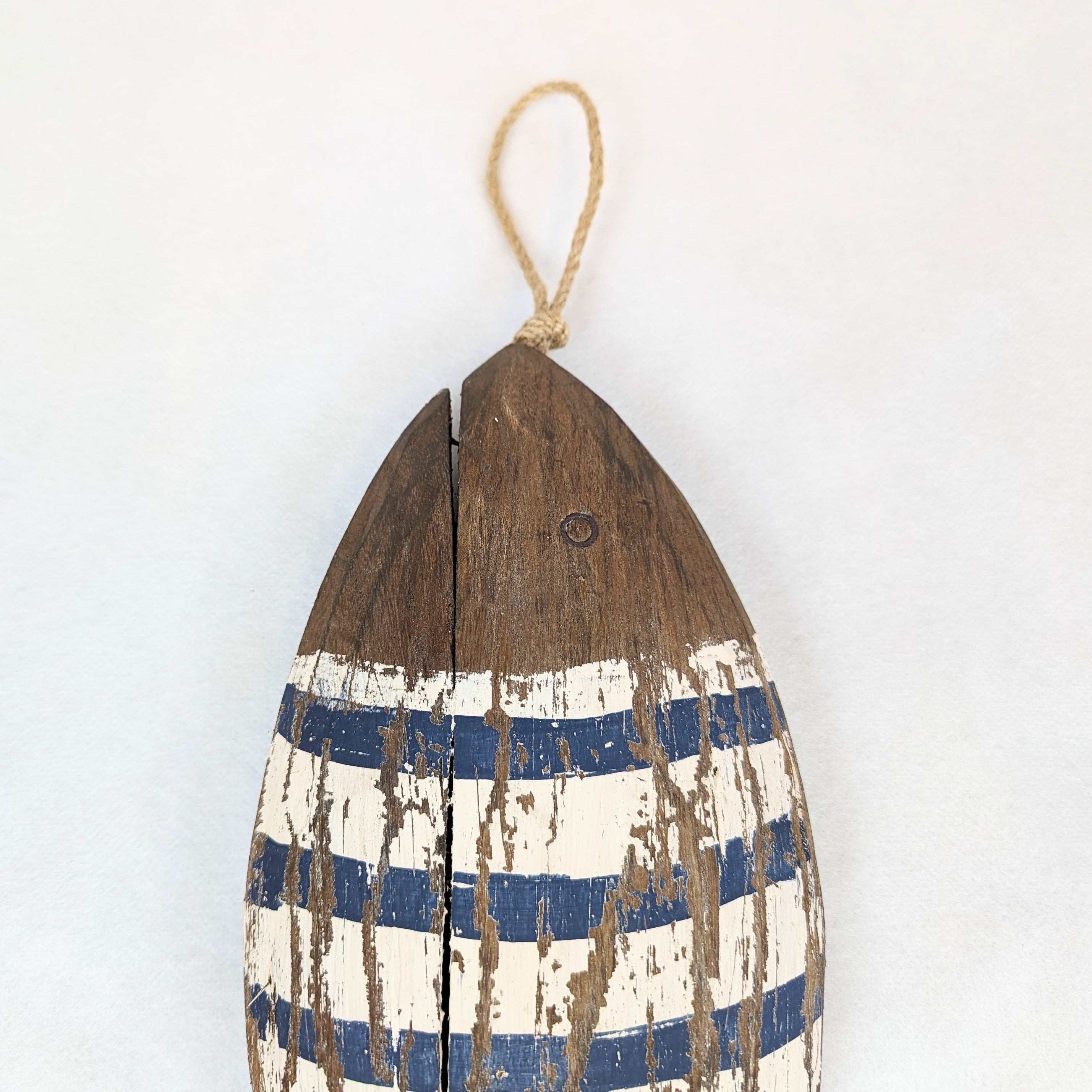 Hängender Fisch blau weis gestreift aus Holz 40 cm