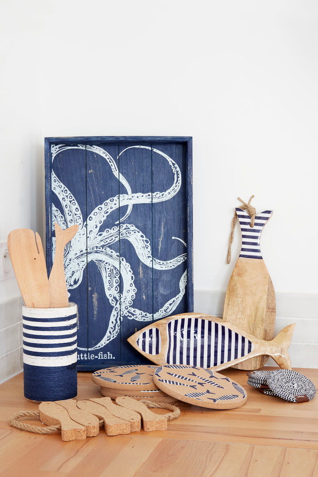 Tablett Oktopus aus Holz blau weiß