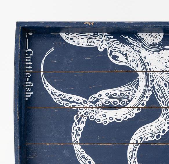 Tablett Oktopus aus Holz blau weiß